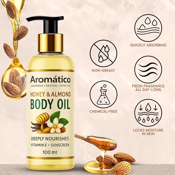 Honey & Almond Mini Body Oil for Women. Dry Skin-Deep Hydration Formula for Glowing Skin in the Winters. Non-Sticky Texture, for Daily Use after Bath. Cozy & Creamy Fragrance - 4 fl Oz