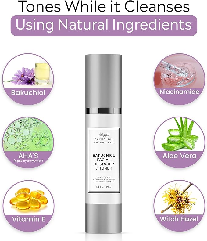 Bakuchiol Botanicals Skin Cleanser & Toner - pH Balanced - Effortlessly Removes Makeup - Gentle On Sensitive Skin - Brightens & Evens Skin Tone - Firms, Tightens & Hydrates - Spa Quality - 3.4oz