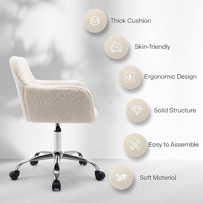 Faux Fur 360°Swivel Desk Chair, Height Adjustable Home Office Armchair with Slivery Base for Teens Women Girls, Upholstery Computer Chair for Home Studios, Sherpa & White