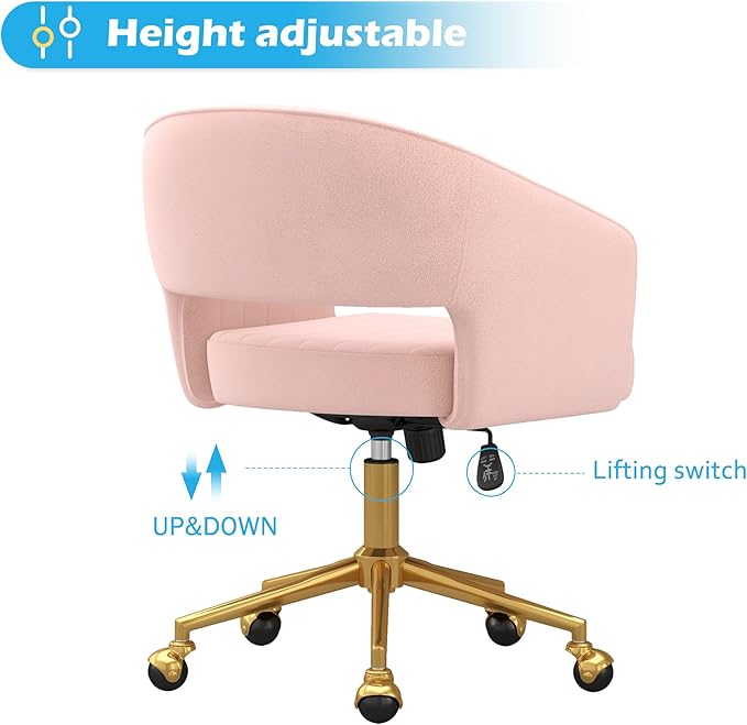 Home Office Chair Swivel Velvet Desk Chair Accent Armchair Upholstered Modern Tufted Chairs with Gold Base for Girls Women Ergonomic Study Seat Computer Task Stools for Living Room(Pink)