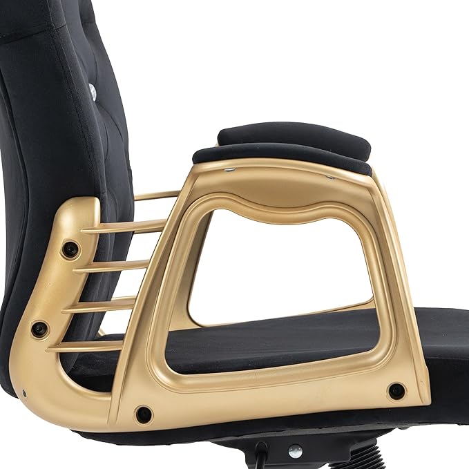 Velvet Home Office Desk Chair Comfy with Gold Base, Comfortable Swivel Makeup Chairs for Vanity with Back and Wheels, Button Tufted Armchair Rolling Chair for Girls Women Study Bedroom, Black