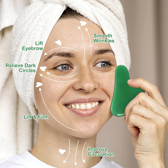 Rosenice Gua Sha Facial Tools: 2 Pcs Jade Stone Guasha for Face Skincare Sculpting Tool, Jawline Sculpting Massager for Puffiness Reducing