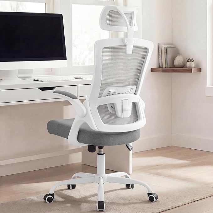 NEO Chair Office Chair High Back Desk Mesh Chair Comfy Computer Gaming Seat with Adjustable Ergonomic Headrest Lumbar Rolling Flip-up Armrests and Wheels (Grey)