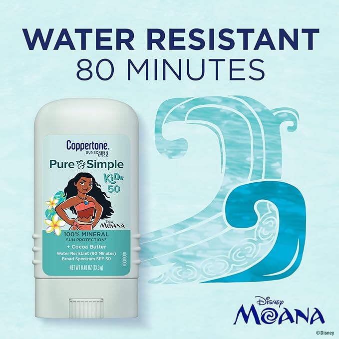 Coppertone Pure and Simple Kids Exclusive Disney Moana Sunscreen Stick SPF 50,Hypoallergenic,Mineral Sunscreen for Kids,Water Resistant,Oxybenzone and Octinoxate Free,0.49 Oz Stick,(Pack of 2)