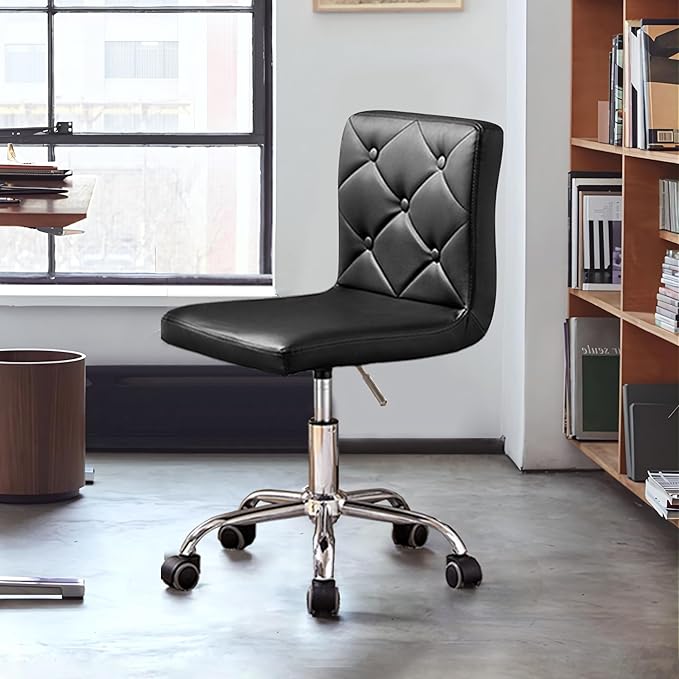 VECELO PU Leather Mid-Back Armless Vanity Chair Adjustable Height 360° Rolling Swivel for Home Office Work