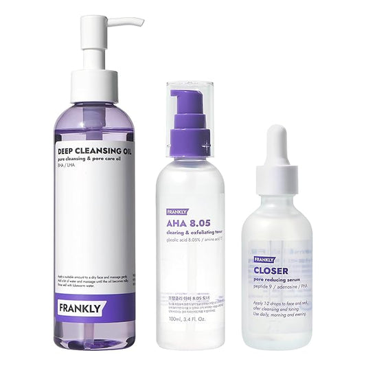 FRANKLY Ultimate Pore Care Set Jumbo – Pore Cleansing Oil, Closer Serum, AHA 8.05% Toner | BHA & LHA Cleanser + Peptide Serum | Vegan Korean Skin Care | Skincare Gifts for Women
