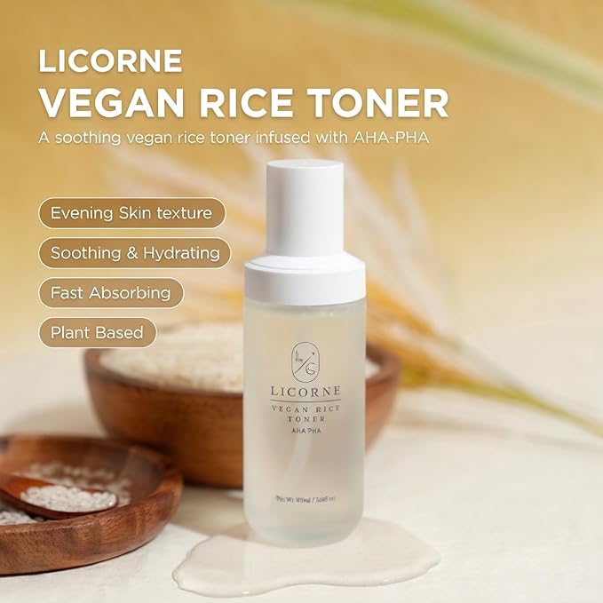 LICORNE Vegan Rice Face Toner - Hydrating & Clarifying Water Essence with AHA, PHA, Gentle Texture Refining Daily Facial Toner for Luminous Glow, 3.38 Fl Oz