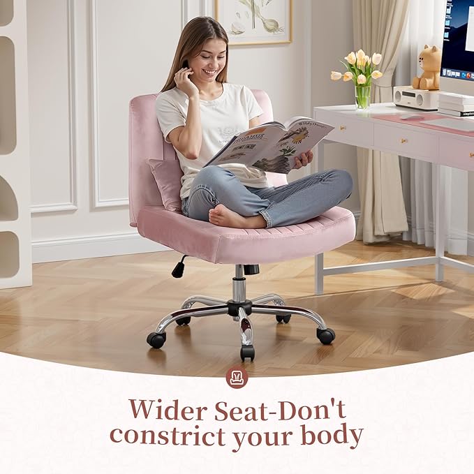 Velvet Criss Cross Chair with Wheels, Luxury Cross Legged Office Chair, Comfy Desk Chair for Home Office, Wide Seat Computer Chair, Armless Vanity Chair, Birthday Gift for Girls & Women, Pink