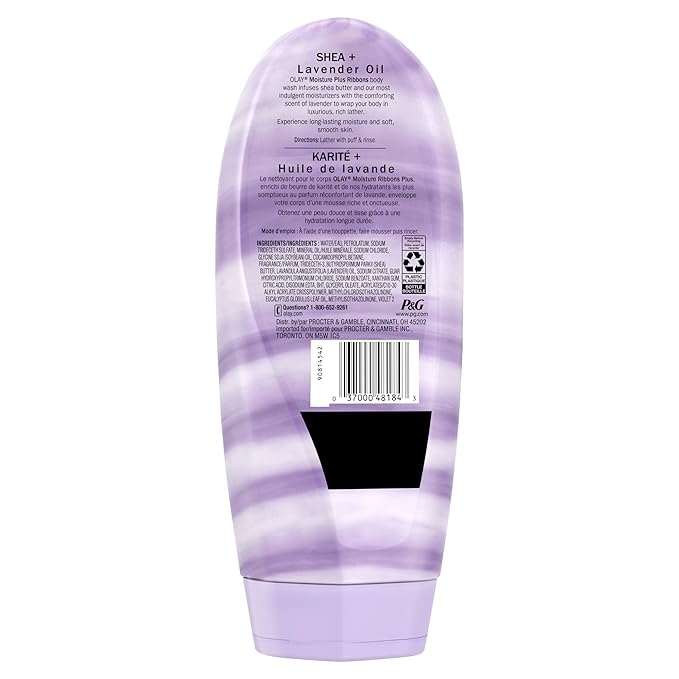 Olay Body Wash for Women, Moisture Ribbons Plus, Deep Conditioning & Moisturizing Formula, Long Lasting Smooth Soft Skin, For All Skin Types, Shea Butter & Lavender Oil Scent, 18 fl oz
