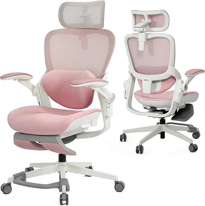 CabLady S2 Petite Ergonomic Office Chair for Women, Small Frame Desk Chair with Adjustable Lumbar, Headrest & Footrest, Space-Saving Flip-Up Armrests