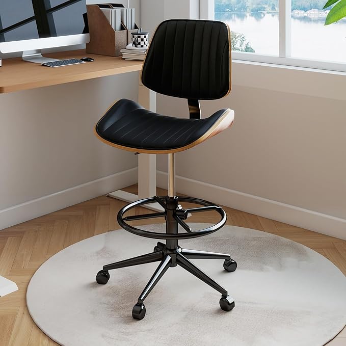 Drafting Chair, Ergonomic Office Chair with Walnut Wood Back Support, Armless PU Leather Desk Chair with Height-Adjustable, Thick Cushion for Home, Bar, Drafting, Office (Black)