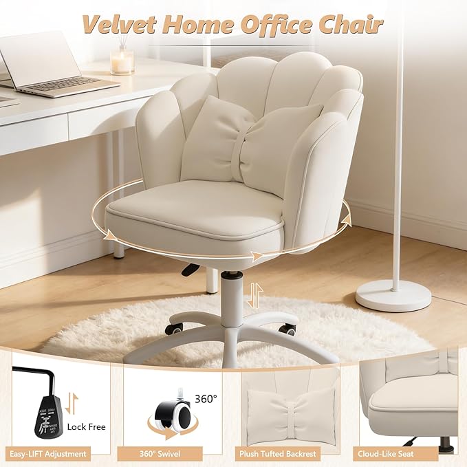 Home Office Desk Chair Swivel Rolling Vanity Chair with Silent Wheels and Comfortable Back, Adjustable Height Upholstered Computer Task Chair for Makeup, Bedroom