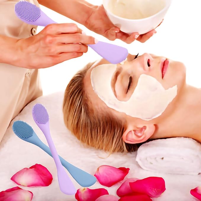 Silicone Facial Mask Applicator Face Masks Skincare Brush Facial Scrubber Double-Head Lotion Spatula Scoop for Makeup,Foundation,Cream,Lotion,Moisturizer,Gel,Peel,Mud Masks (Purple+Gray)