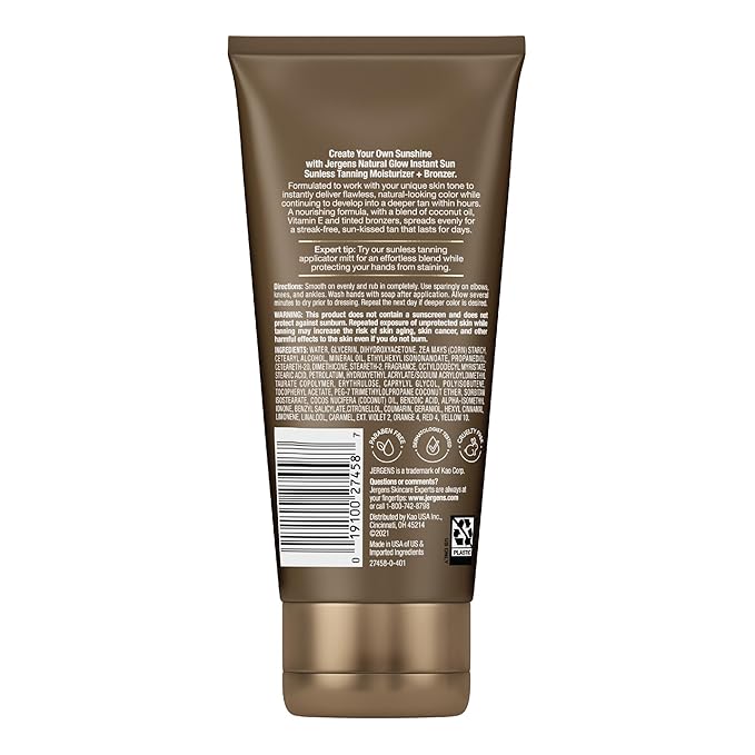 Jergens Natural Glow Instant Sun Tanning Moisturizer + Bronzer, Lightweight Sunless Tanning for Natural-Looking Color, Light Bronze, 6 Oz