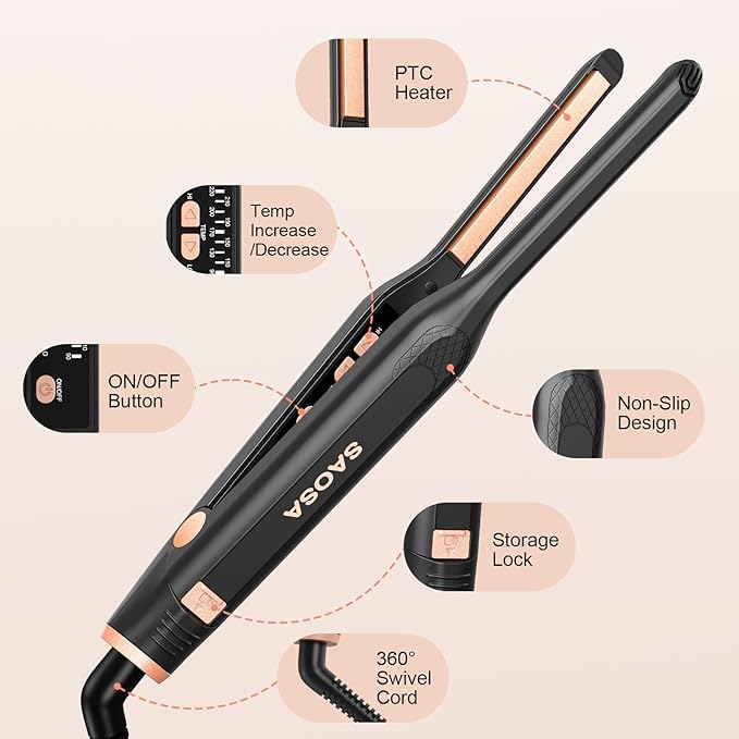 3/10 Inch Pencil Flat Iron for Short Hair - Mini Hair Straightener with Ceramic Plates, Adjustable Temperature, Dual Voltage Mini Flat Iron for Pixie Cut, Bangs & Edges, Auto Shut Off