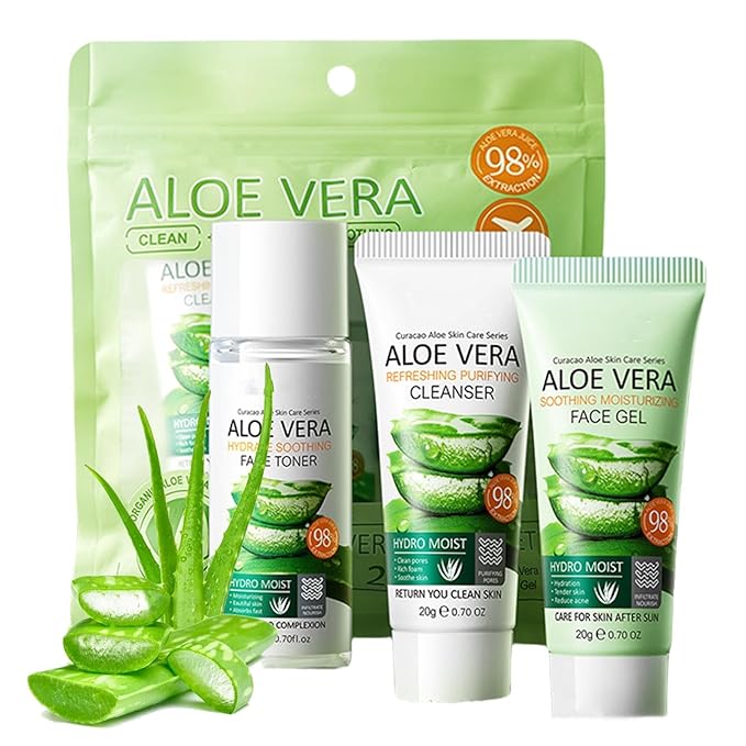 3-Piece Aloe Vera Skin Care Set, Hydrating & Cleaning Skin Travel Set, Oil Control Moisturizing Skin Care Routine Kit Includes Cleanser, Face Gel, Toner Skincare Gift for Teenage Girls Women