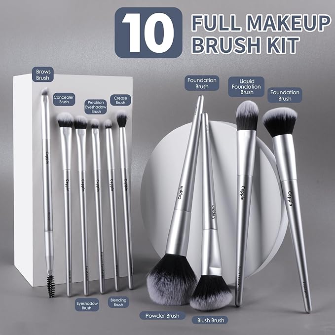 Professional Makeup Brushes 10Pcs, Premium Synthetic Make Up Brush Set, Powder Foundation Contour Blush Concealer Eye Shadow Blending Liner Makeup Brush Kit (Silver)