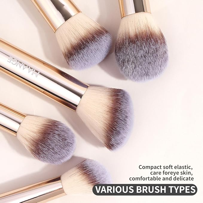 MAANGE 13 PCS Makeup Brushes Professional Make Up Brushes Premium Synthetic Powder Concealers Brushes Travel Makeup Brush Set with Case (Champagne)