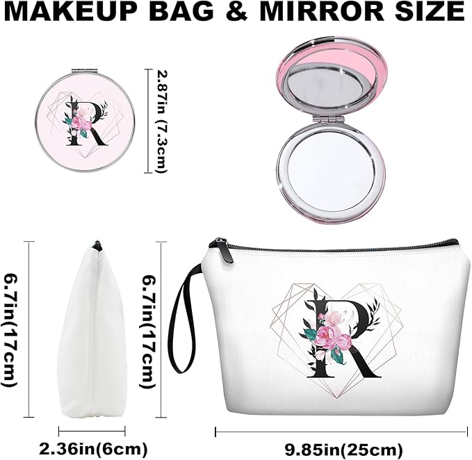 Personalized Initial R floral Makeup Bag set with Mirror for Women,White Ietter R Bride Bridesmaid travel Cosmetic bag kit with10 pieces pink brush set,Initial Gifts for Girls Mom femal Friends