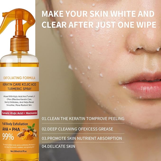 Body Keratin Care Kojic Acid Turmeric Spray 200ml, Turmeric Exfoliating Spray with Retinol, Glutathione, Niacinamide, Vitamin B, C, E, Exfoliates and Brighten Skin for All Skin Types (1)