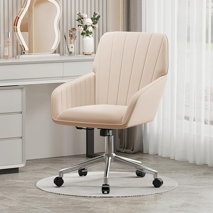 YISHENG Velvet Office Desk Chair with Silver Base, with Wheels,Modern Height Adjustable 360 Degree Swivel Upholstered Vanity Chairs with Arms for Living Room Bedroom,Khaki