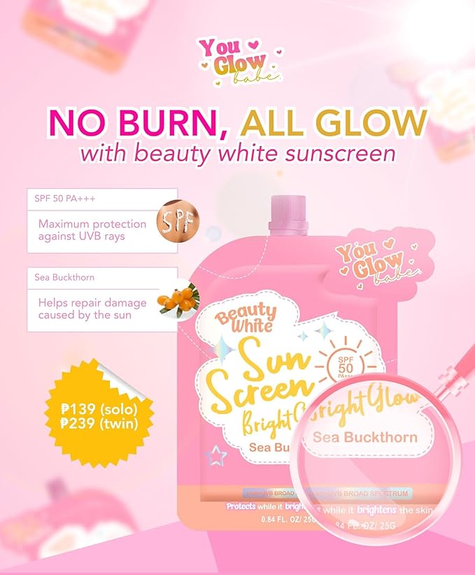 You Glow Babe Beauty White Sunscreen Bright Glow with Sea Buckthorn SPF 50 PA+++ (Twin Pack 25g)