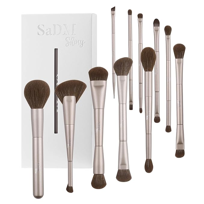 Double Ended Makeup Brush Set (11 Pieces) - Includes Foundation, Powder, Concealer, Highlighter, Contour, Eye Shadow & Blush Brushes - Face & Eye Make Up Brush with Synthetic Bristles