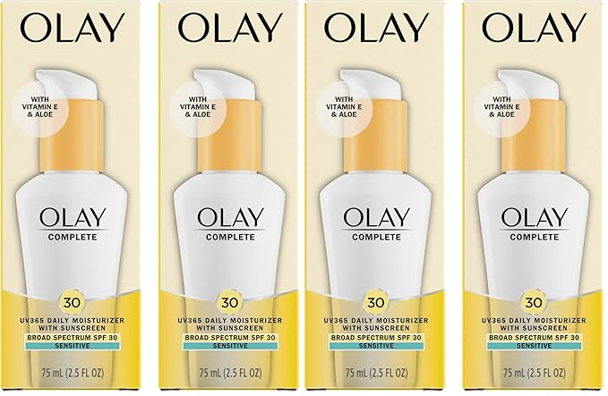 Olay Face Moisturizer, Complete with Sunscreen SPF 30, Fragrance-Free for Sensistive Skin, Broad Spectrum Sun Protection, Long-Lasting Hydration, Non-Comedogenic - Vitamin E & Aloe - 2.5 Oz - 4 Pack