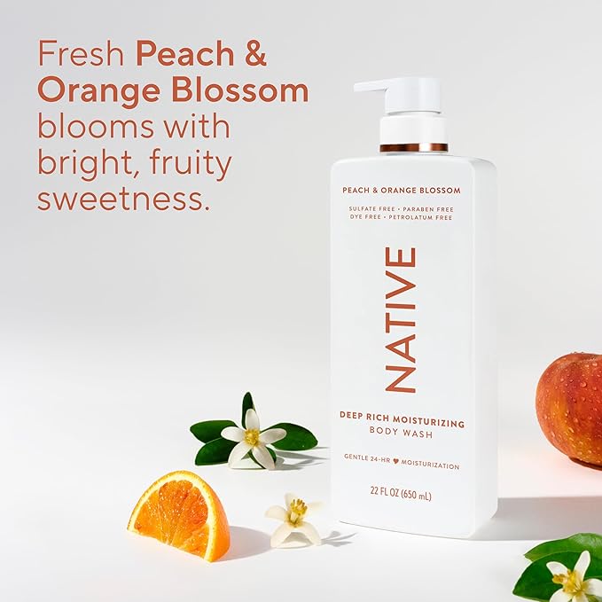 Native Moisturizing Body Wash, Peach & Orange Blossom, 24-Hour Hydration for Dry & Sensitive Skin, Made with Real Shea Butter, Sulfate & Paraben Free, 22 oz