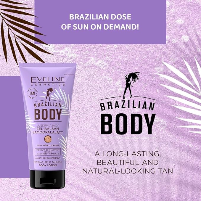 Eveline Cosmetics Brazilian Body Firming Self-Tanning Gel-Balm with Erythrulose, DHA & Vitamin E - Vegan Formula for Natural Radiant Tan & Hydrated Skin