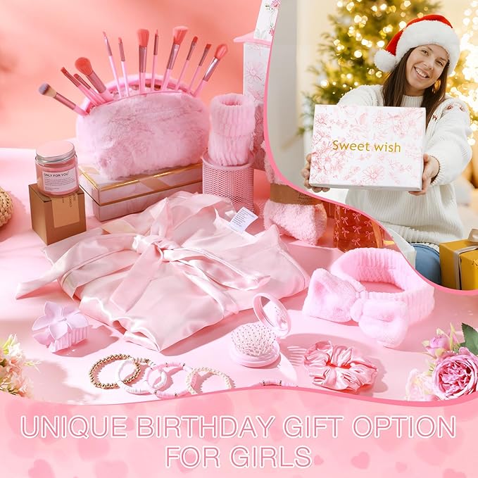 15 Pcs Birthday Gifts for Women Robe Sets for Women Spa Basket Set Graduation Gifts Bath Robe Make up Brushes Scented Candle Fluffy Socks Coffee Cup for Mom Nurse Girlfriend Wife(Pink)