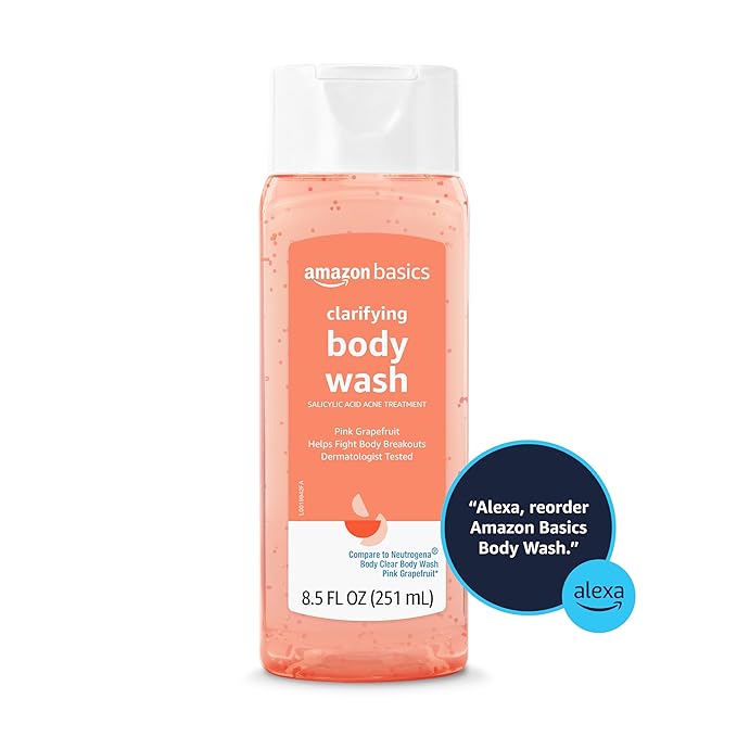 Amazon Basics Clarifying Pink Grapefruit Body Wash, 2% Salicylic Acid Acne Treatment, Foaming, Refreshing, Prevents Breakouts, Dermatologist Tested, 8.5 fl oz, 4-Pack (Previously Solimo)