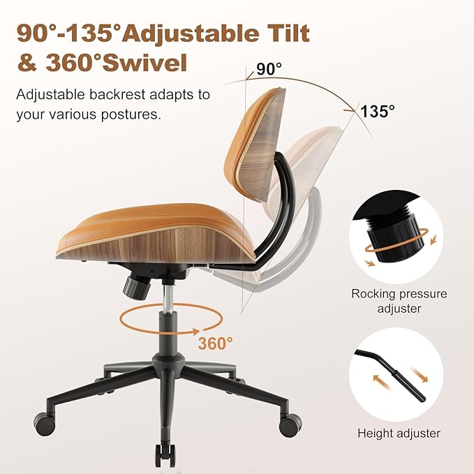Armless Office Chair with Wheels, PU Leather Adjustable Height Desk Chair - 360° Swivel Ergonomic Computer Chair for Small Space, Modern Walnut Style, Home & Meeting Room, Brown