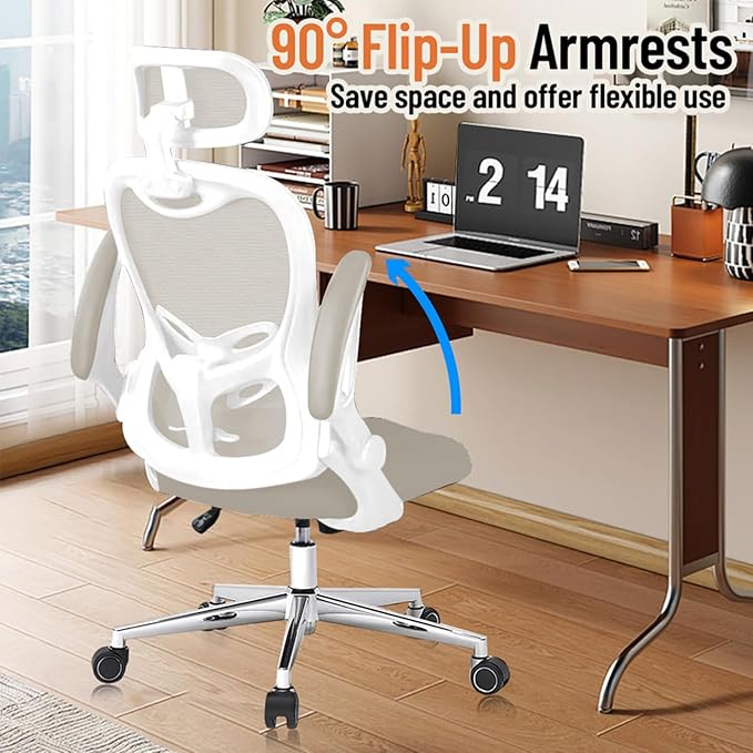 Office Chair, Ergonomic Breathable Mesh Chair,Flip-Up Arms and Adjustable High Back Lumbar Support,Comfy Computer Chair for Home Office (Beige, 407)