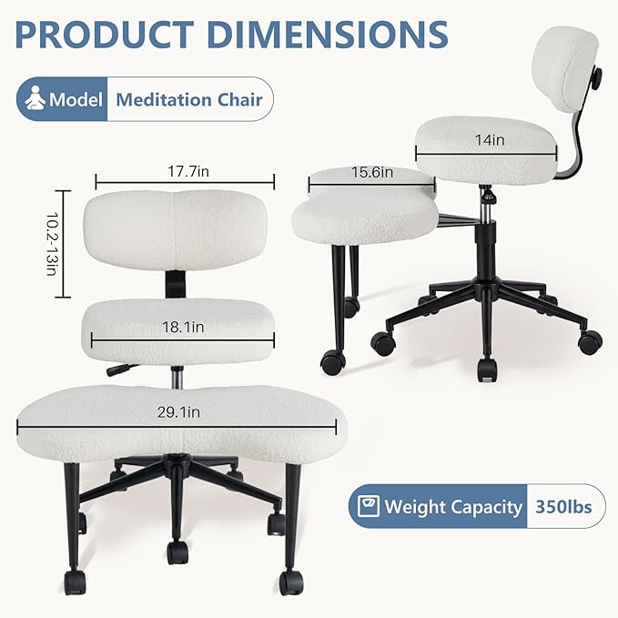 DUMOS Ergonomic ADHD Cross Legged Office Desk Chair with Adjustable Backrest, Height Adjustable Meditation Chair with 360° Swivel Footstool, Teddy Fabric Yoga Stool for Home Office, White