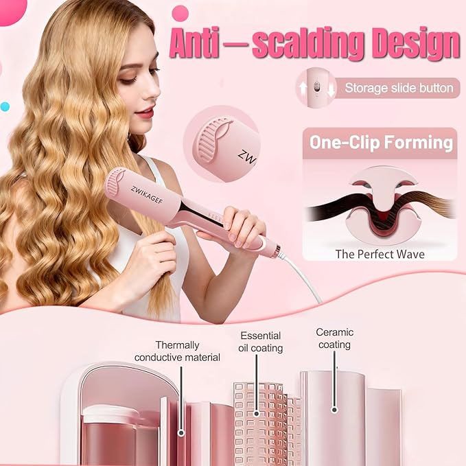 Curling Iron Crimper Hair Tool - ZWIKAGEF Hair Crimper Curling Wand, Curling Iron with Ceramic 3 Barrel for Short Hair Women, Dual Voltage, Anti-Scald, 1.25 Inch