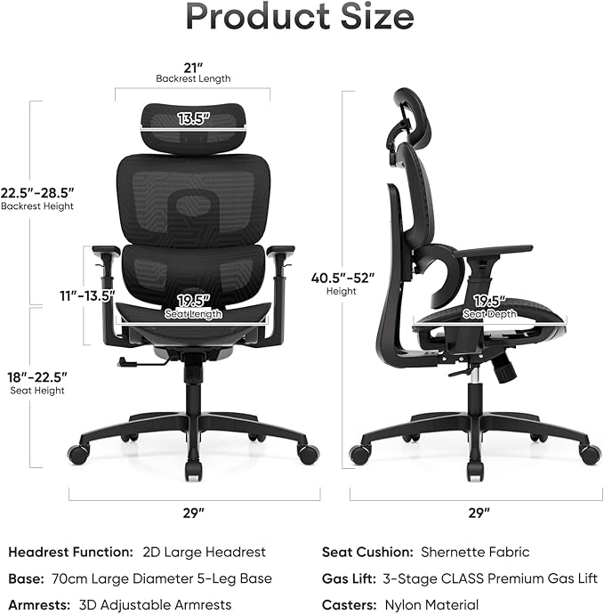 Ergonomic Office Chair, Adjustable High Back Home Desk Chair & Adjustable Seat, 3D Armrest, 145° Reclining Tilt Lock, Chenille Mesh Office Chairs for Man Woman 1Pack