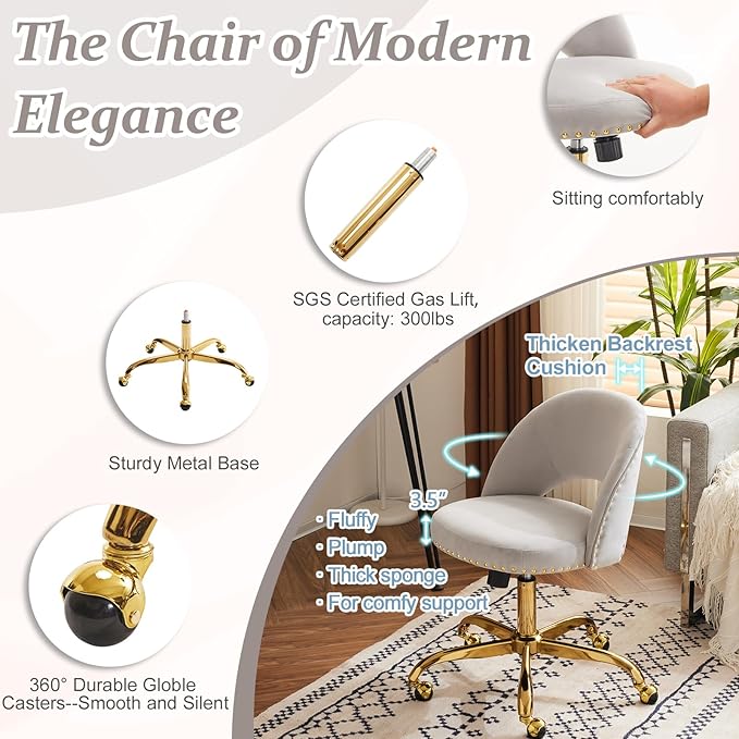 VINGLI Stylish Vanity Chair with Back, Girl Desk Chair with Silent Wheels and Velvet, Grey