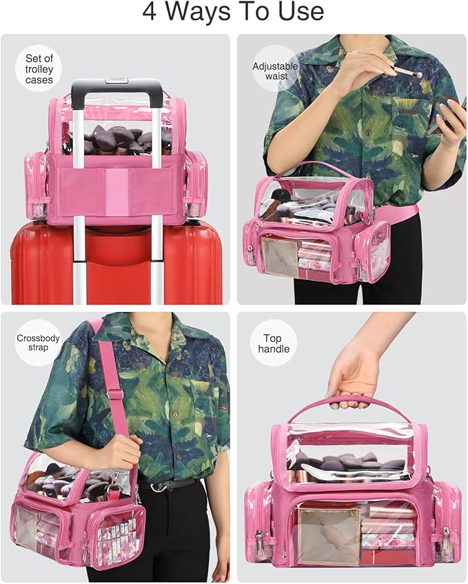 Pink Makeup Brush Bag, Large Makeup Brush Holder Professional Makeup Artist Travel Case Clear Waterproof Cosmetic Organizer Bag, Full Open Easy to Access, with Adjustable Strap and Dividers