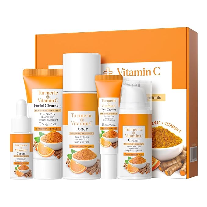 Turmeric Skin Care Set, Turmeric Skin Care Gift Set with Facial Cleanser, Toner, Serum, Eye Cream, Moisturizer, Turmeric Skin Care Kit, Face Cream Travel Kit for Women Teen Girls Mom Daughter Birthday