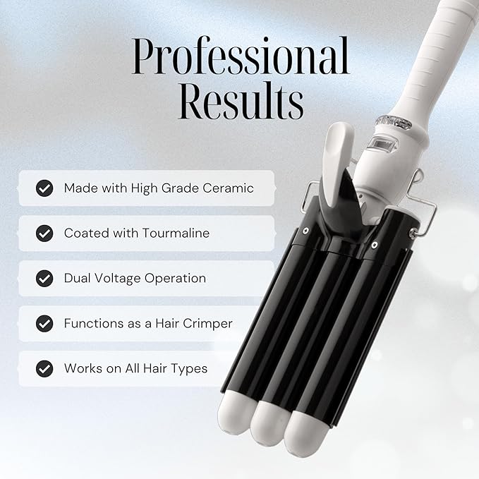 Alure Three Barrel Curling Iron Wand with LCD Temperature Display - 1 Inch Ceramic Tourmaline Triple Barrels, Dual Voltage Crimping Tool, Best Hair Waver for Beachy/Frizz Free Waves (zBlack/White)