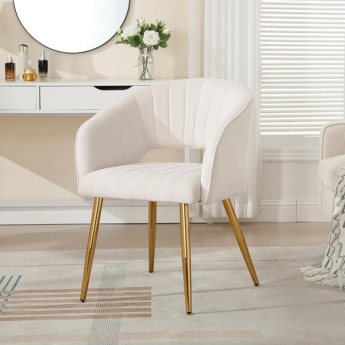 Modern Velvet Vanity Chair, Home Office Desk Chair with Hollow Back, Upholstered Dining Chair with Gold Metal Legs, Comfy Accent Armchair for Living Room Bedroom, Beige