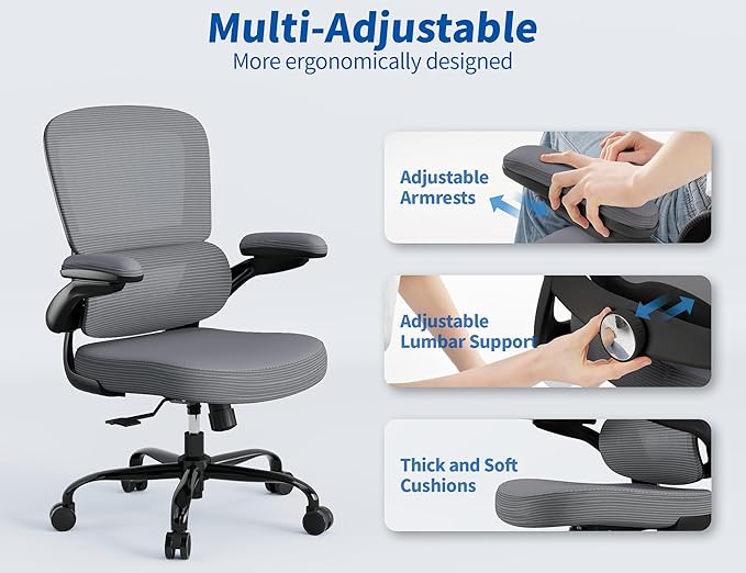 TRALT Ergonomic Office Chair - Desk Chair with Adjustable Lumbar Support Computer Chair - Mesh Comfy Chair with Flip-up Armrests - Gaming Chairs for Adults Home Office (PU Leather, Dark Grey)