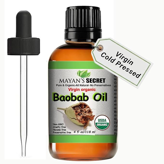 Mayan’s Secret Virgin Organic Baobab Oil Cold Pressed Unrefined for Skin Hair and Massage 4 fl oz
