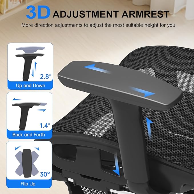 Ergonomic Mesh Office Chair, Home Desk Chair Comfy with Adjustable Lumbar Support 3D Headrest and Armrests, Reclining Big and Tall High Back Computer Gaming Chairs for Man Women, 350lbs Black