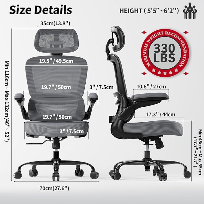 TRALT Ergonomic Office Chair - Desk Chair with Adjustable Headrest Lumbar Support Computer Chair - Mesh Comfy Chair with Flip-up Armrests - Gaming Chairs for Adults Home Office (Leather, Dark Grey)