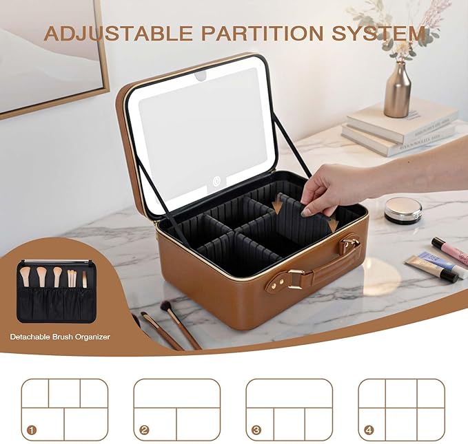Prite Makeup Bag With LED Mirror 3 Light Modes Adjustable Brightness, Travel Cosmetic Train Case with Adjustable Dividers & Brush Holder, Portable Makeup Artist Organizer Bag for Women(Brown)