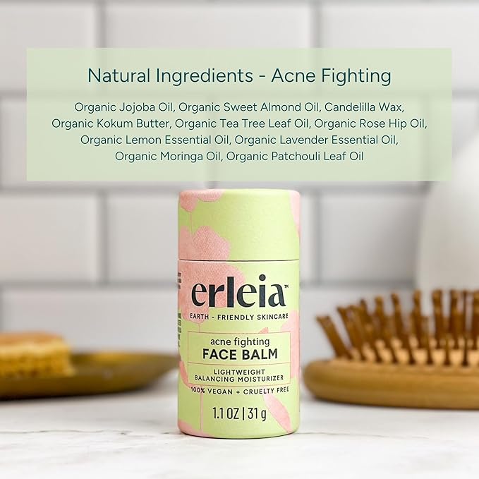 Erleia Solid Face Balm, Facial Moisturizer for Acne-Prone Skin, Vegan Cruelty-Free Plastic-Free, Travel-Friendly Skincare, Sustainably Sourced Ingredients