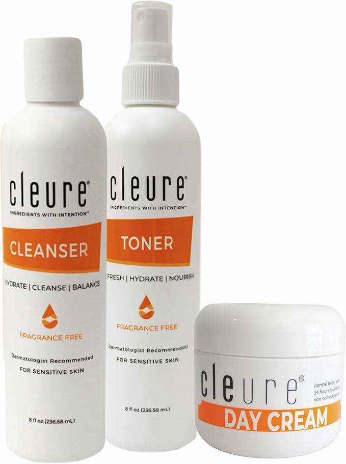 Cleure Sensitive Skincare Set – Gentle Face Wash, Alcohol-Free Toner & Shea Butter Day Cream – Facial Kit for Teens & Adults – Fragrance-Free, Dermatologist Recommended, pH Balanced