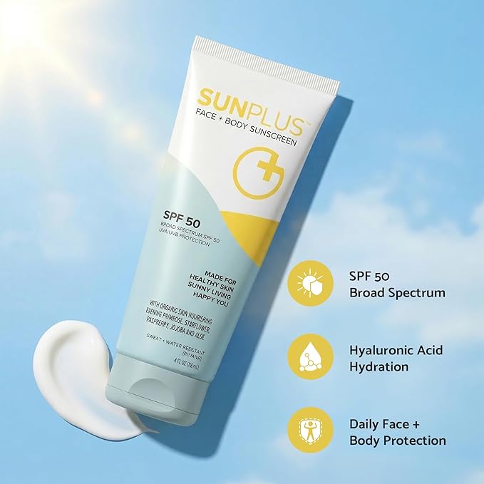 SUNPLUS SPF 50 Sunscreen Lotion for Face & Body – Broad Spectrum Sun Protection, Lightweight Non-Greasy, Water Resistant, Travel Size Sunscreen 4 oz, Daily Use Sunblock Lotion